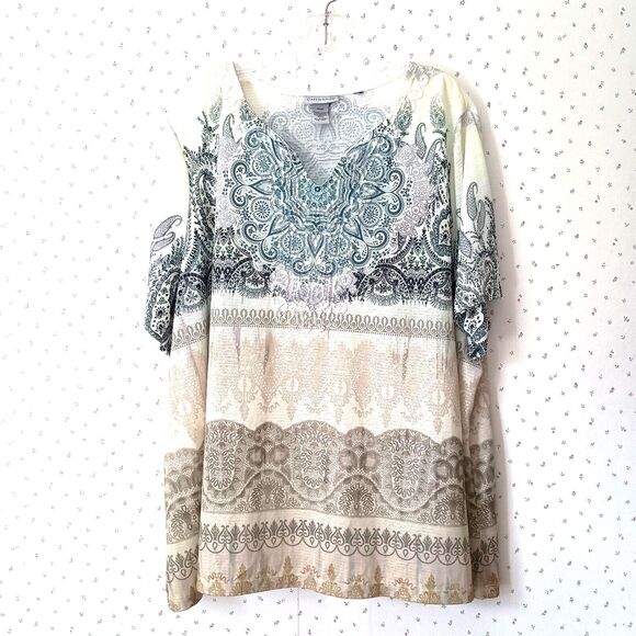 Catherine's Tops - Catherine's Boho Tunic Top 2XP Beading Short Sleeves Mixed Prints Green/Yellow